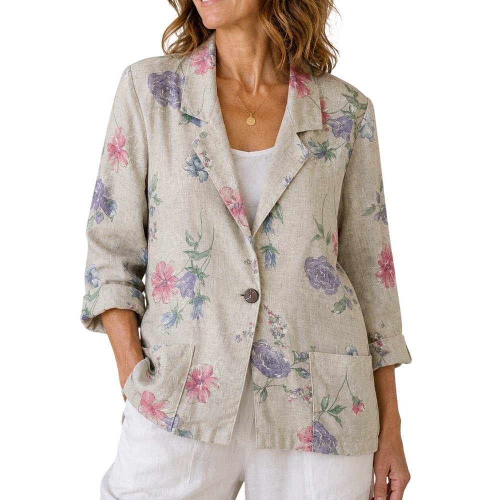 Vintage 90s Flax Blend Blazer Jacket Women S Beige Multicolor Floral Cottagecore
